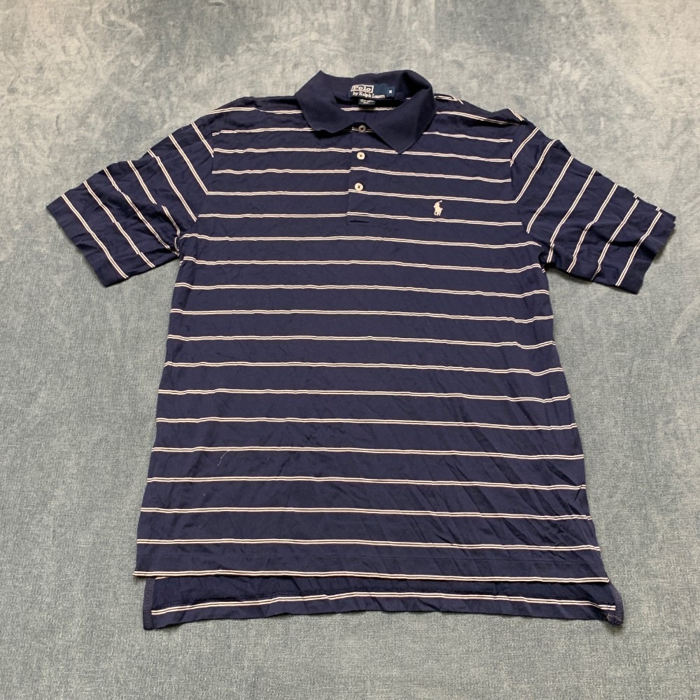Polo By Ralph Lauren Shirt Men Medium Navy Blue White Striped Cotton Tennis Golf